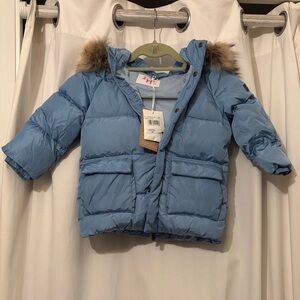 Il Gufo Light Blue Puffer Jacket with Faux Fur Hood